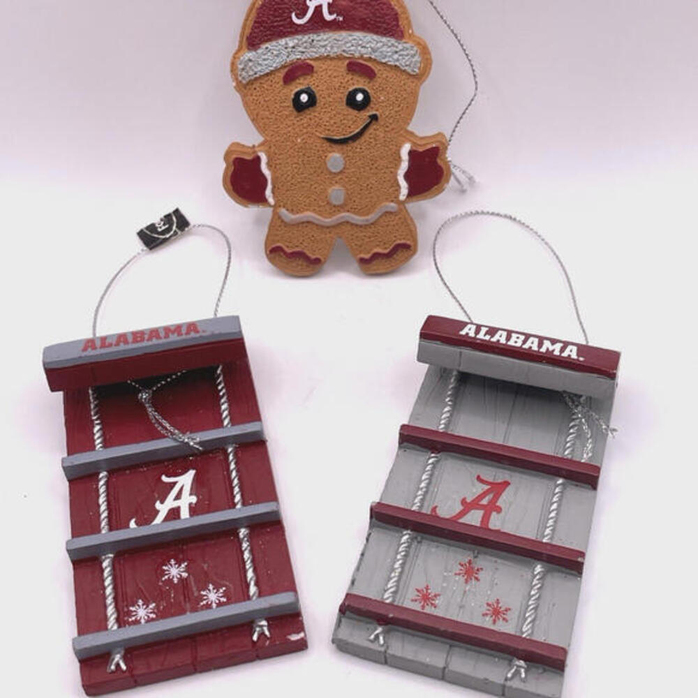 Alabama Crimson Tide Logo Sled And Gingerbread Man Christmas Ornaments LOT of‎ 3